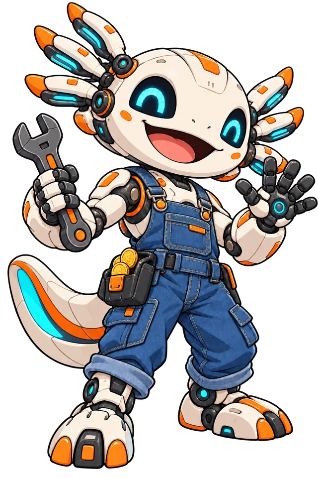 Axomec, a smiling cream robotic axolotl in blue mechanic overalls with a wrench and coin pack, waves hello.